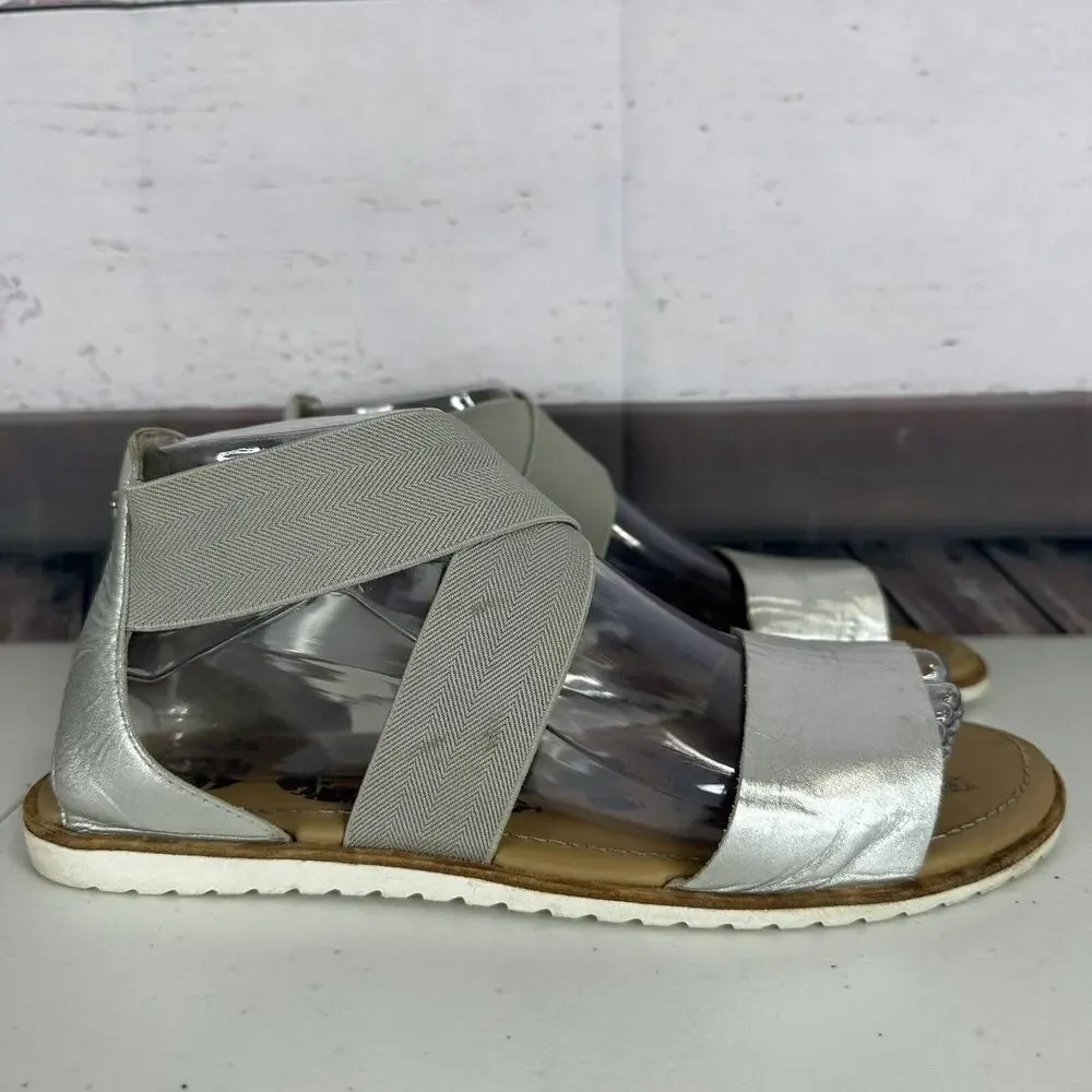 Sorel Sandals Womens 9.5 Silver Cross Strap Flat‎ Slip On Leather Ella
